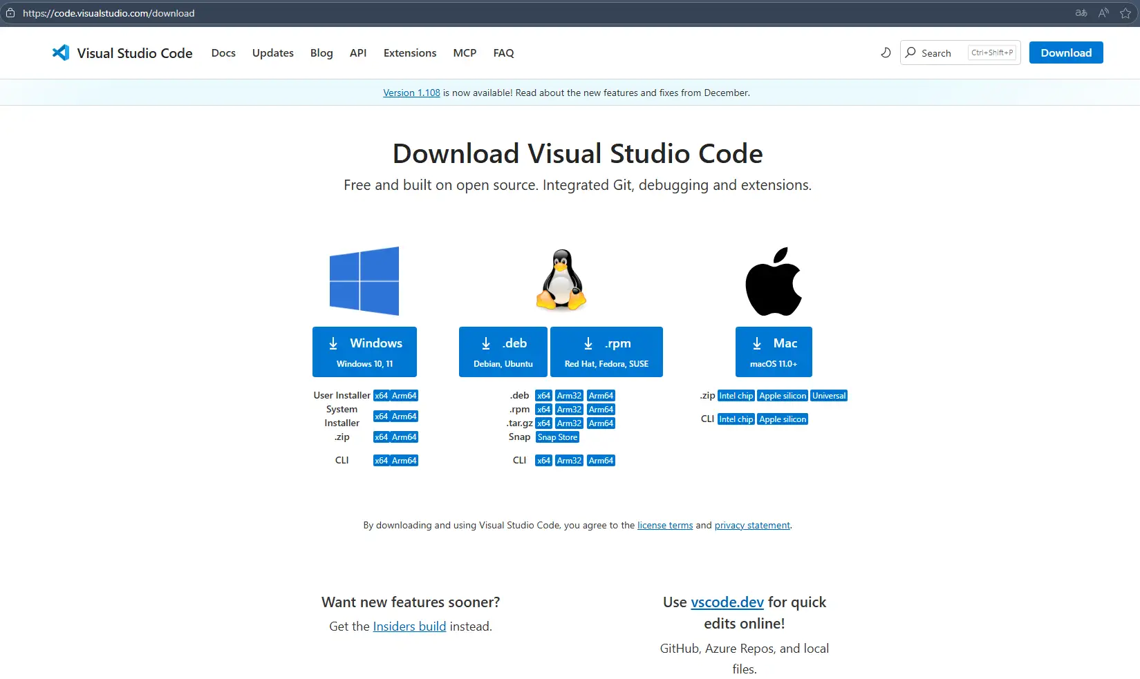 2026年1月現在のvscodeのダウンロードページのスクリーンショット
